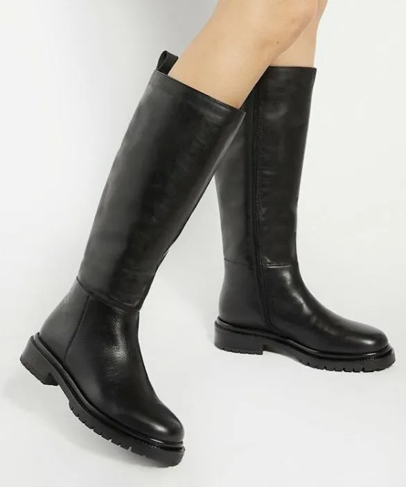 Dune London Black Boots Women Tilings Black Chunky Leather KneeHigh Boots Black