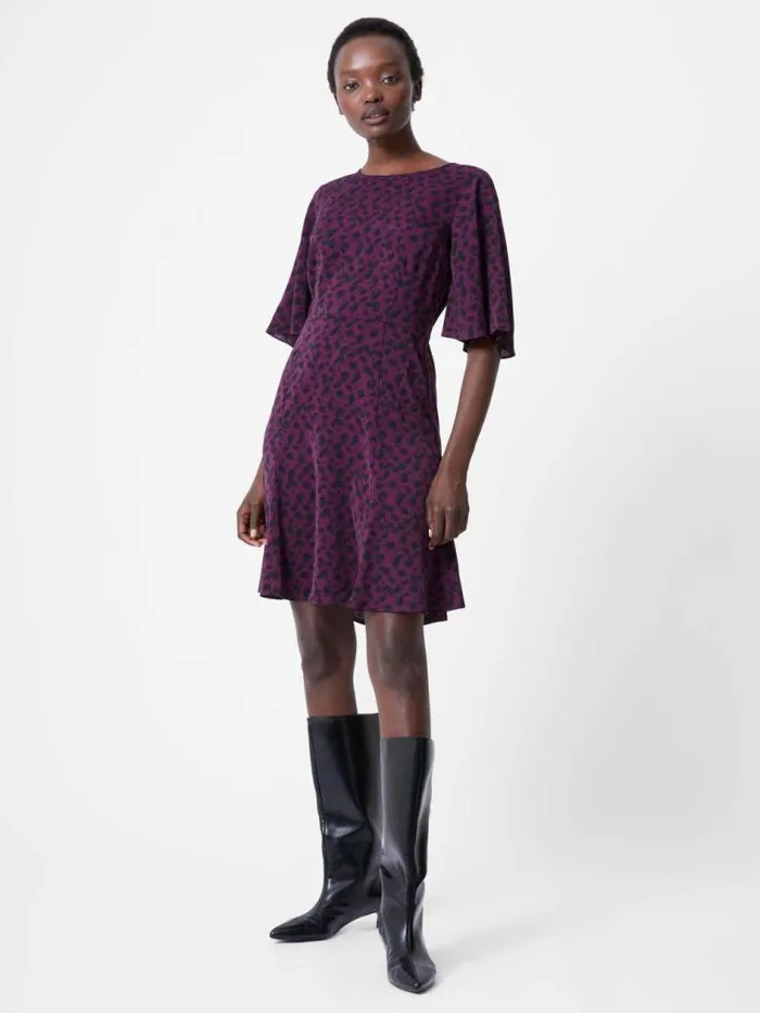 French Connection Estella Angel Sleeve Leopard Print Dress Blackberry Women Dresses