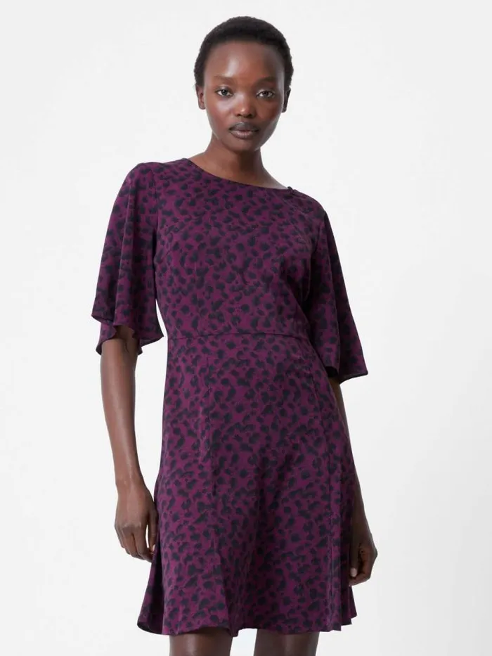 French Connection Estella Angel Sleeve Leopard Print Dress Blackberry Women Dresses