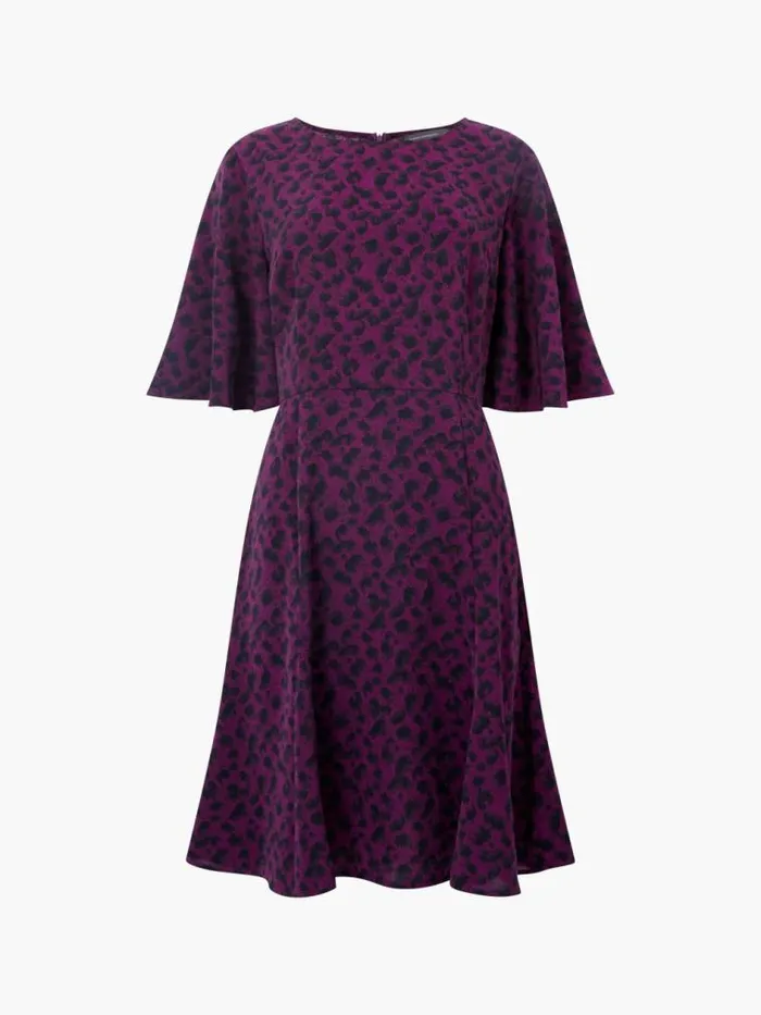 French Connection Estella Angel Sleeve Leopard Print Dress Blackberry Women Dresses