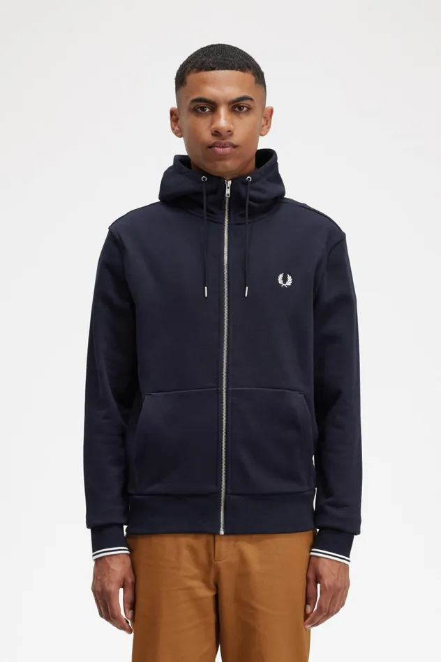 Men Hooded Zip Through Sweatshirt Navy Fred Perry Sweatshirts