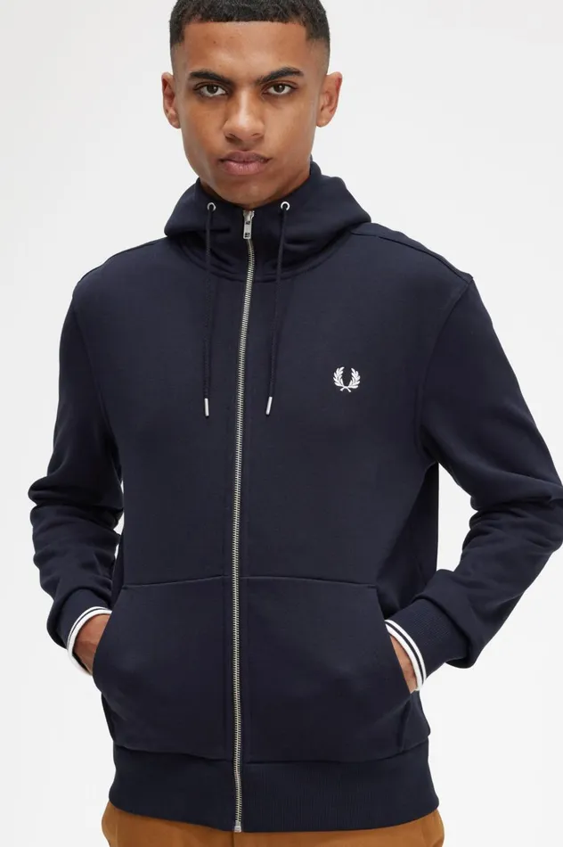 Men Hooded Zip Through Sweatshirt Navy Fred Perry Sweatshirts