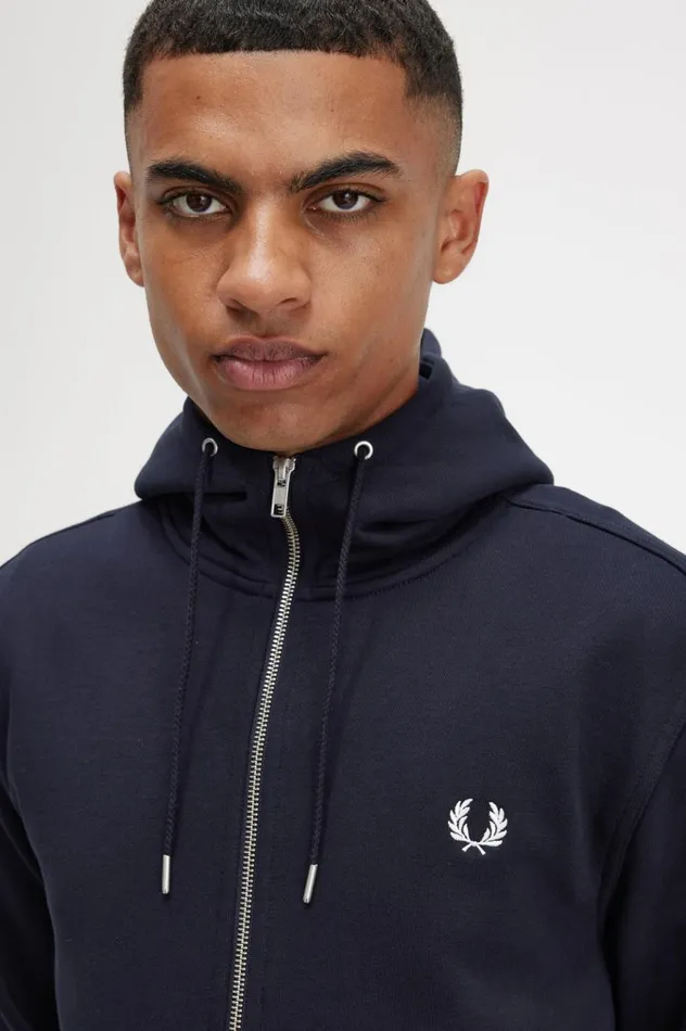 Men Hooded Zip Through Sweatshirt Navy Fred Perry Sweatshirts