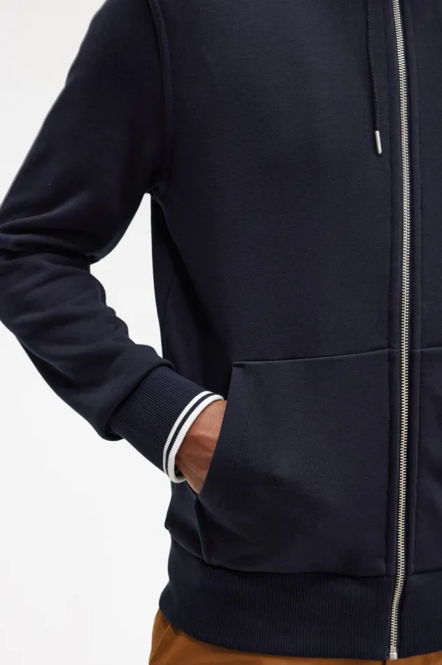 Men Hooded Zip Through Sweatshirt Navy Fred Perry Sweatshirts