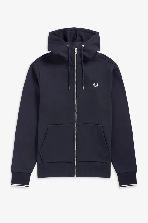 Men Hooded Zip Through Sweatshirt Navy Fred Perry Sweatshirts