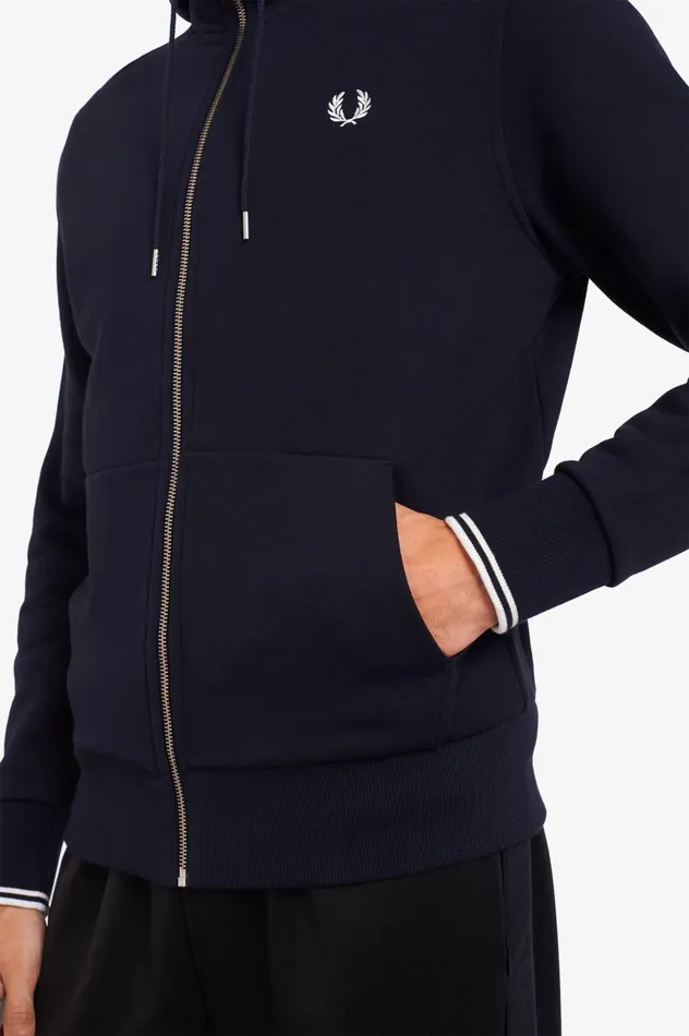 Men Hooded Zip Through Sweatshirt Navy Fred Perry Sweatshirts