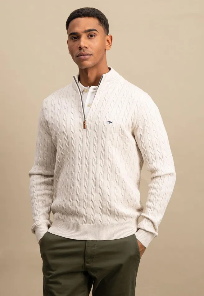Sweater Men FYNCHHATTON Knitting Sweater With A Troyer Collar And Braid Pattern New Offwhitenavypoppy Redstrong Blue