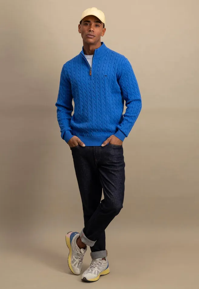 Sweater Men FYNCHHATTON Knitting Sweater With A Troyer Collar And Braid Pattern New Offwhitenavypoppy Redstrong Blue