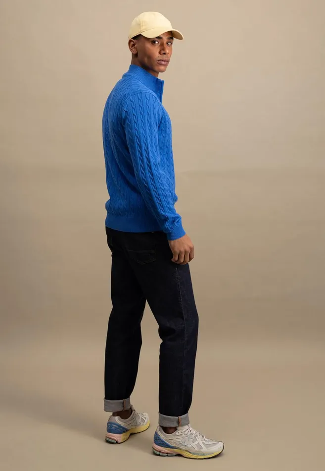 Sweater Men FYNCHHATTON Knitting Sweater With A Troyer Collar And Braid Pattern New Offwhitenavypoppy Redstrong Blue