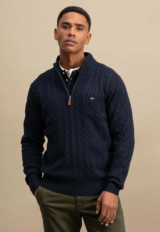 Sweater Men FYNCHHATTON Knitting Sweater With A Troyer Collar And Braid Pattern New Offwhitenavypoppy Redstrong Blue