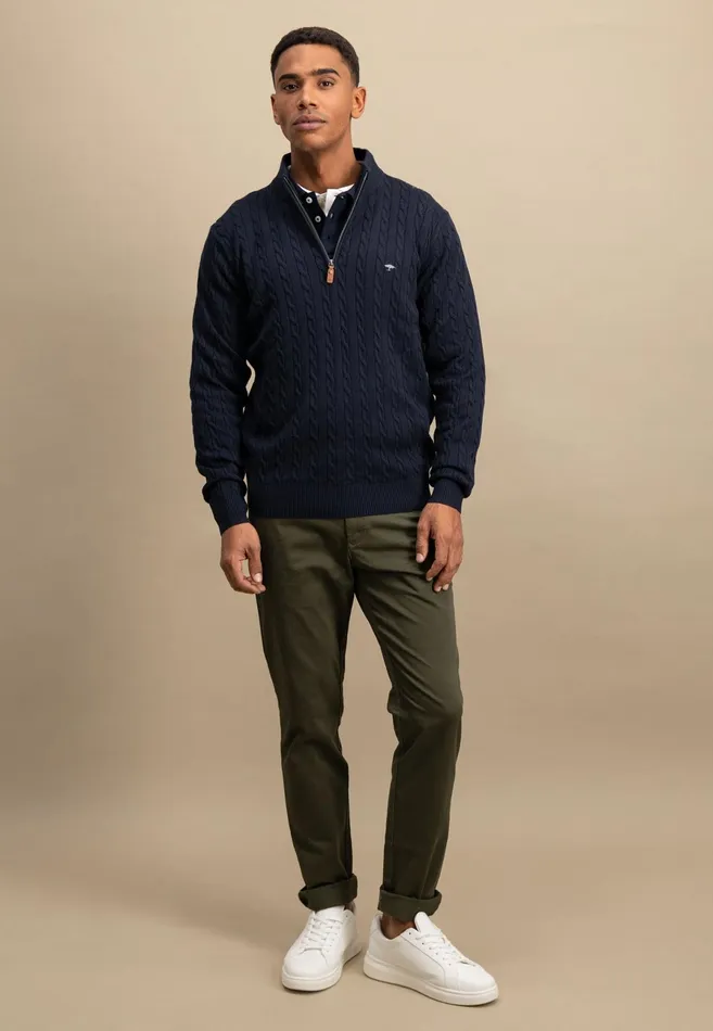 Sweater Men FYNCHHATTON Knitting Sweater With A Troyer Collar And Braid Pattern New Offwhitenavypoppy Redstrong Blue