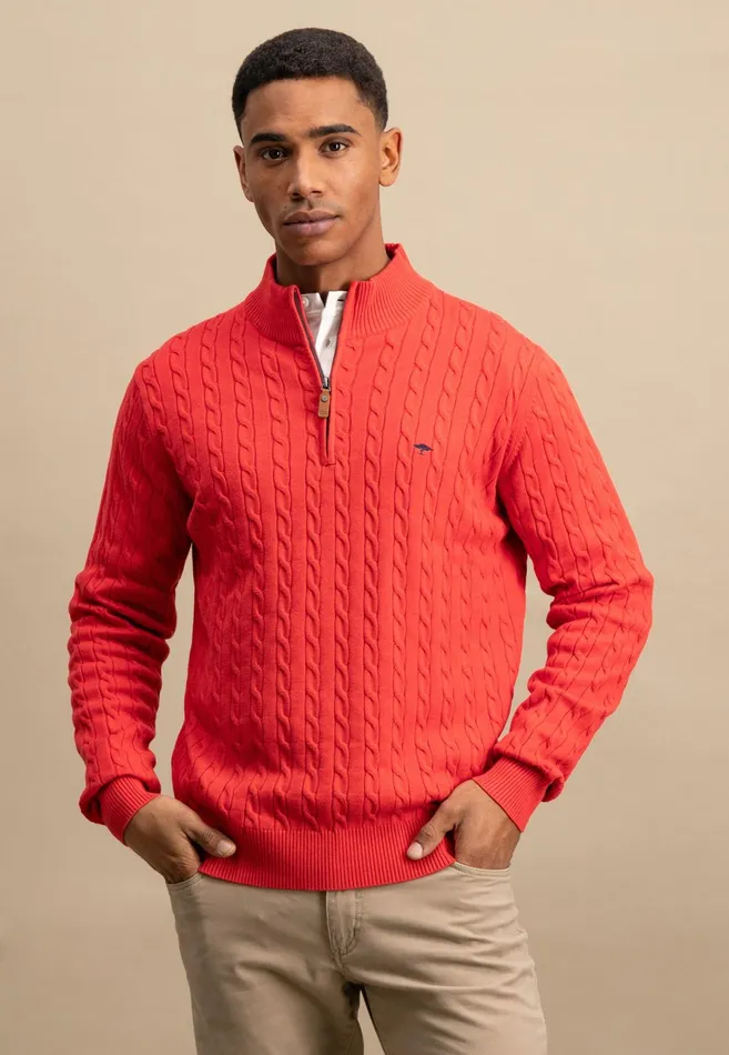 Sweater Men FYNCHHATTON Knitting Sweater With A Troyer Collar And Braid Pattern New Offwhitenavypoppy Redstrong Blue
