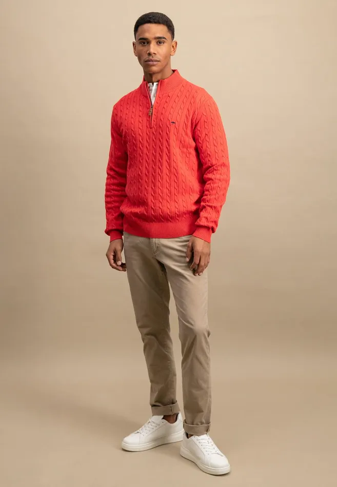Sweater Men FYNCHHATTON Knitting Sweater With A Troyer Collar And Braid Pattern New Offwhitenavypoppy Redstrong Blue