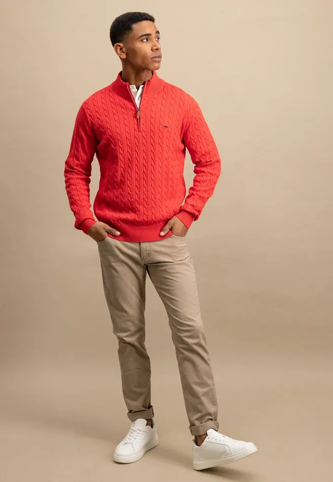 Sweater Men FYNCHHATTON Knitting Sweater With A Troyer Collar And Braid Pattern New Offwhitenavypoppy Redstrong Blue