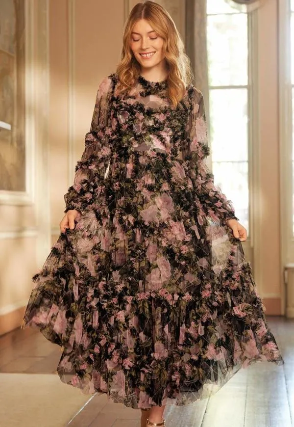 WeddingWomen Needle and Thread English Rose Diamond Ruffle Ballerina Dress Black WeddingWomen Needle and Thread English Rose Diamond Ruffle Ballerina Dress Black