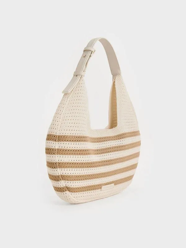 Women Ida Knitted Striped Hobo Bag 8211 Sand CHARLES and KEITH Hobo Bags