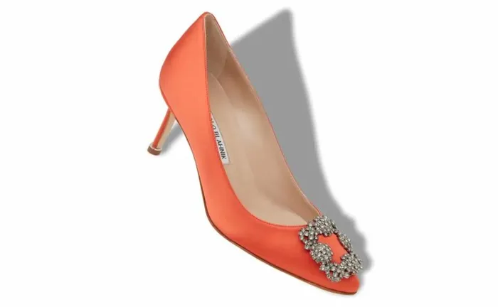 Women Orange Satin Jewel Buckle Pumps Manolo Blahnik Pumps