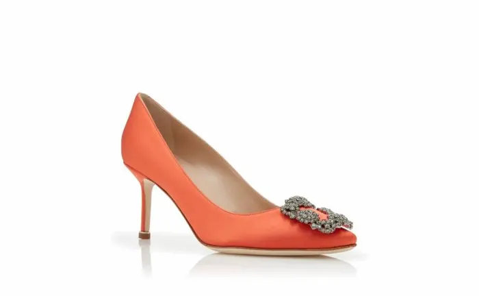 Women Orange Satin Jewel Buckle Pumps Manolo Blahnik Pumps