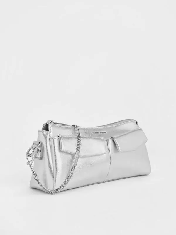 Women Rachel Elongated FrontPocket ChainHandle Bag 8211 Silver CHARLES and KEITH Shoulder Bags