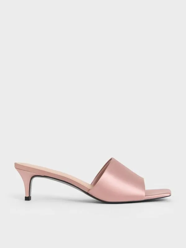 Women Satin SquareToe KittenHeel Mules 8211 Nude CHARLES and KEITH Heels