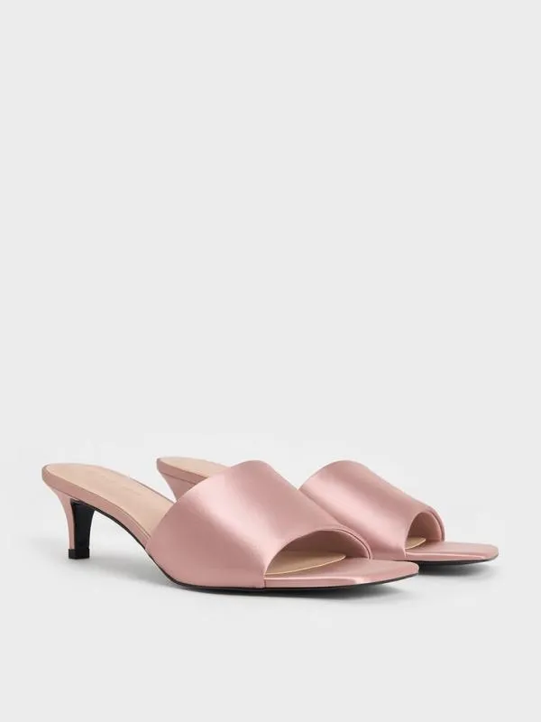 Women Satin SquareToe KittenHeel Mules 8211 Nude CHARLES and KEITH Heels