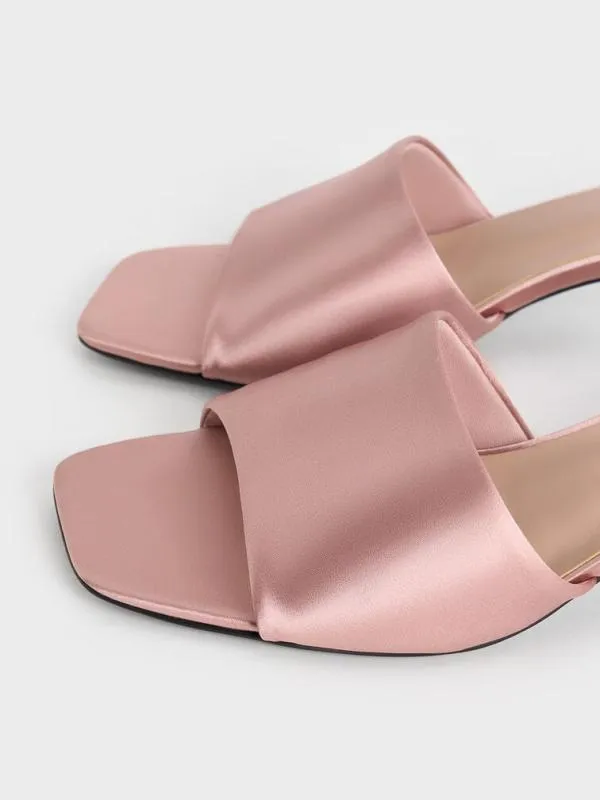 Women Satin SquareToe KittenHeel Mules 8211 Nude CHARLES and KEITH Heels