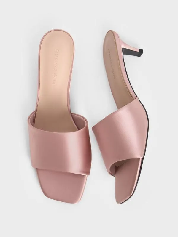 Women Satin SquareToe KittenHeel Mules 8211 Nude CHARLES and KEITH Heels