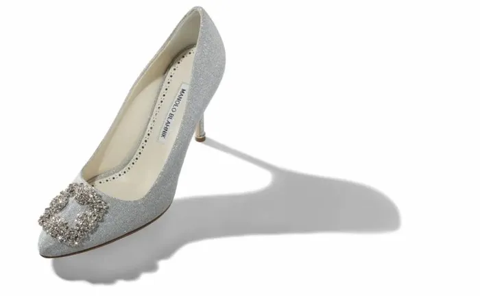 Women Silver Glitter Fabric Jewel Buckle Pumps Manolo Blahnik Pumps