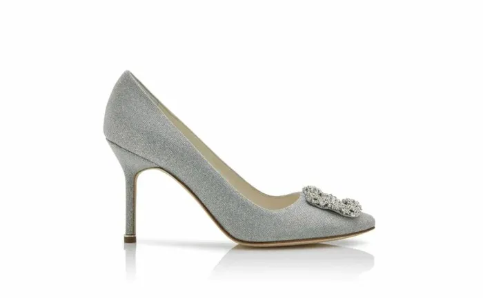 Women Silver Glitter Fabric Jewel Buckle Pumps Manolo Blahnik Pumps