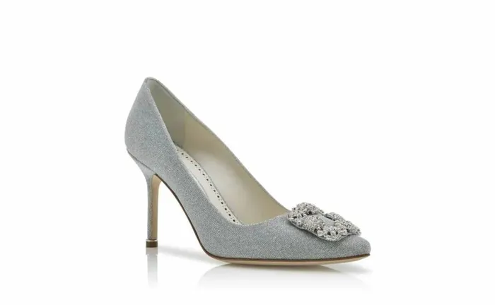 Women Silver Glitter Fabric Jewel Buckle Pumps Manolo Blahnik Pumps