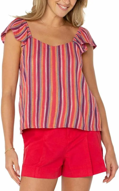 Women Tops Liverpool Los Angeles Flutter Sleeve Woven Top Red Blue Multi Stripe