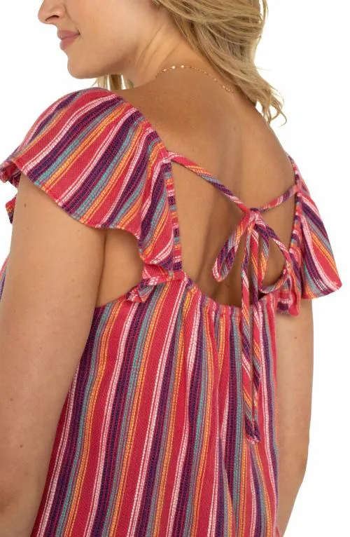 Women Tops Liverpool Los Angeles Flutter Sleeve Woven Top Red Blue Multi Stripe