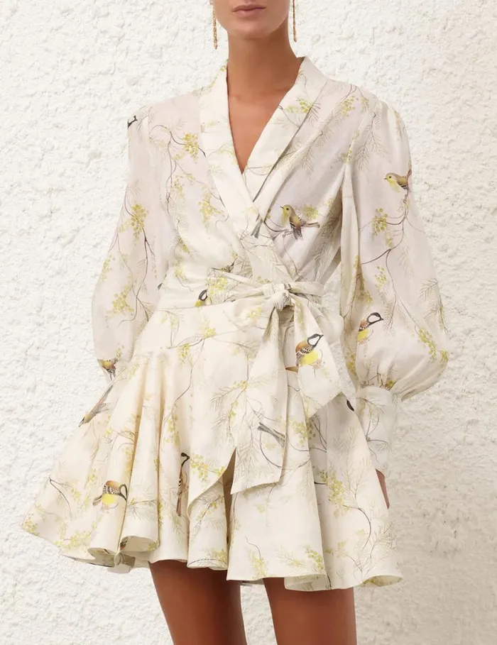 Zimmermann Clothing Wrap Mini Dress Acacia Birds 8211 Women