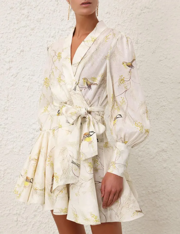 Zimmermann Clothing Wrap Mini Dress Acacia Birds 8211 Women