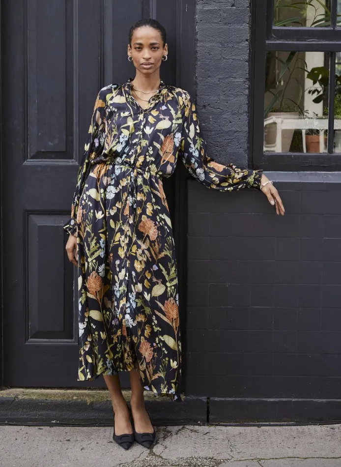 Baukjen Luna Printed Long ShirtDress Black Botanical Clothing