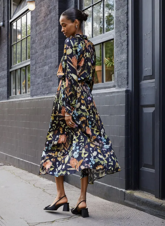 Baukjen Luna Printed Long ShirtDress Black Botanical Clothing