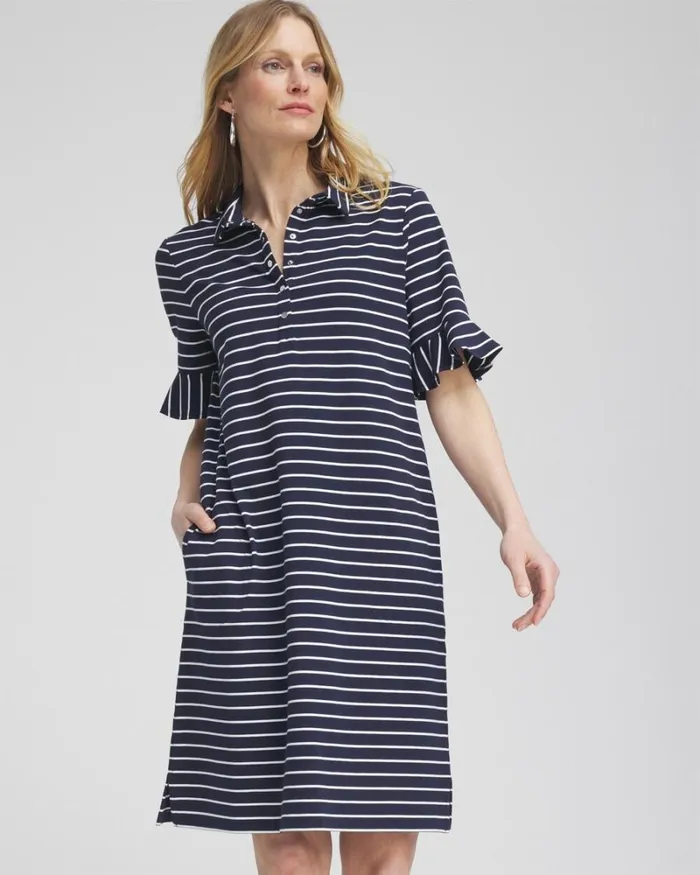 Chico039s Activewear Zenergy UPF Knit Stripe Ruffle Sleeve Polo Dress Classic Navy 8211 Clothing
