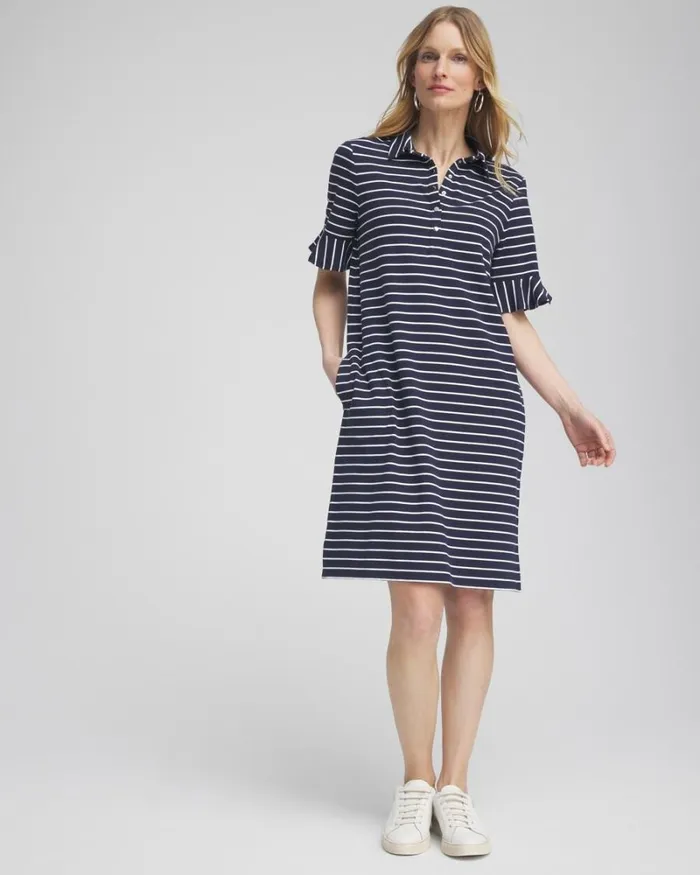 Chico039s Activewear Zenergy UPF Knit Stripe Ruffle Sleeve Polo Dress Classic Navy 8211 Clothing Chico039s Activewear Zenergy UPF Knit Stripe Ruffle Sleeve Polo Dress Classic Navy 8211 Clothing