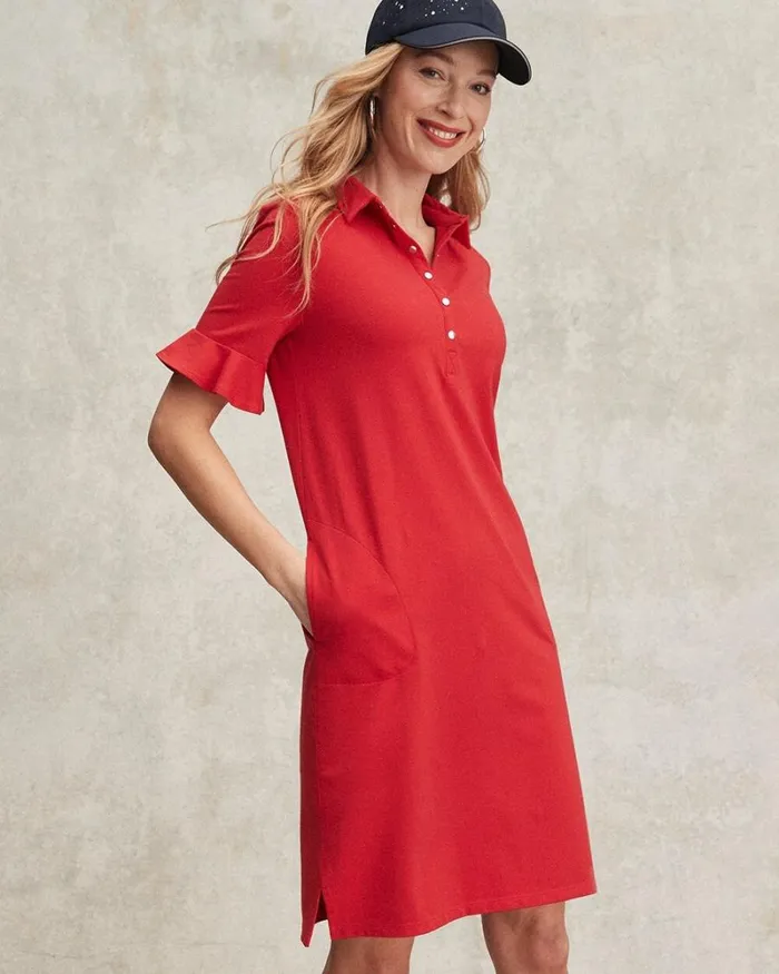 Chico039s Activewear Zenergy UPF Ruffle Sleeve Polo Dress Madeira Red 8211 Clothing