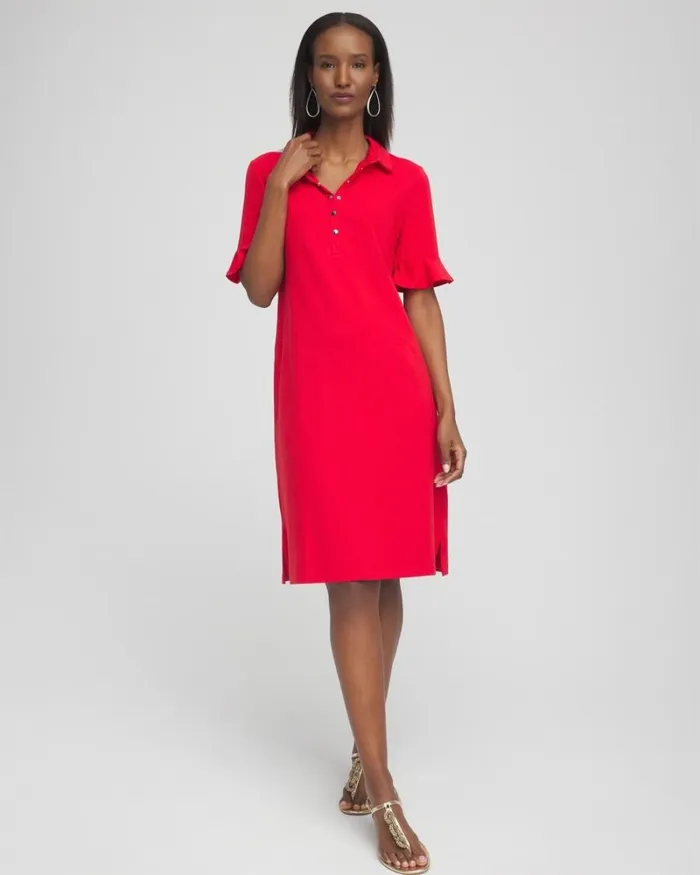 Chico039s Activewear Zenergy UPF Ruffle Sleeve Polo Dress Madeira Red 8211 Clothing