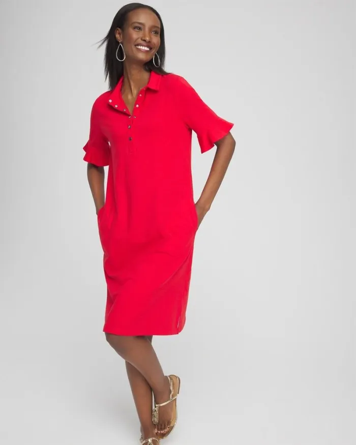 Chico039s Activewear Zenergy UPF Ruffle Sleeve Polo Dress Madeira Red 8211 Clothing