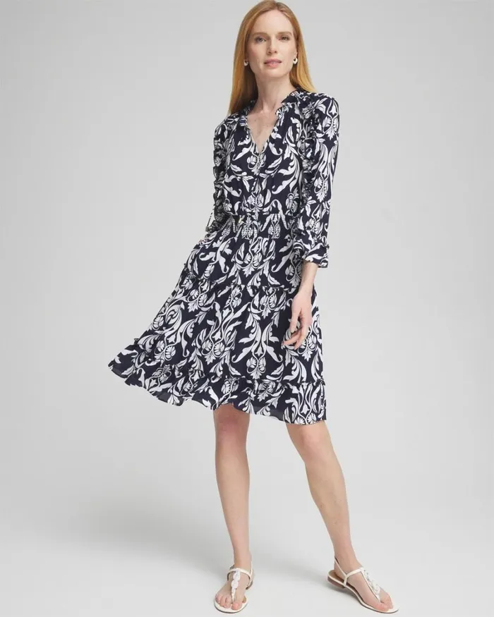 Chico039s Dresses Scrolls Ruffle Bell Sleeve Dress Classic Navy 8211 Clothing