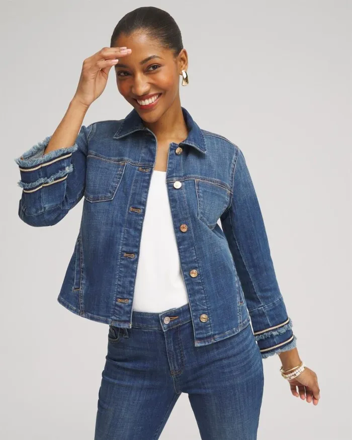 Chico039s Jackets and Coats Double Fray Denim Jacket Blue Springs Indigo 8211 Clothing