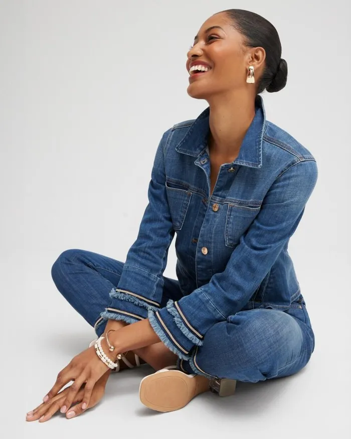 Chico039s Jackets and Coats Double Fray Denim Jacket Blue Springs Indigo 8211 Clothing