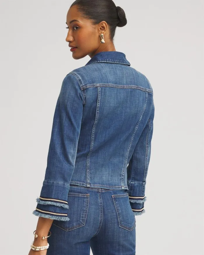 Chico039s Jackets and Coats Double Fray Denim Jacket Blue Springs Indigo 8211 Clothing