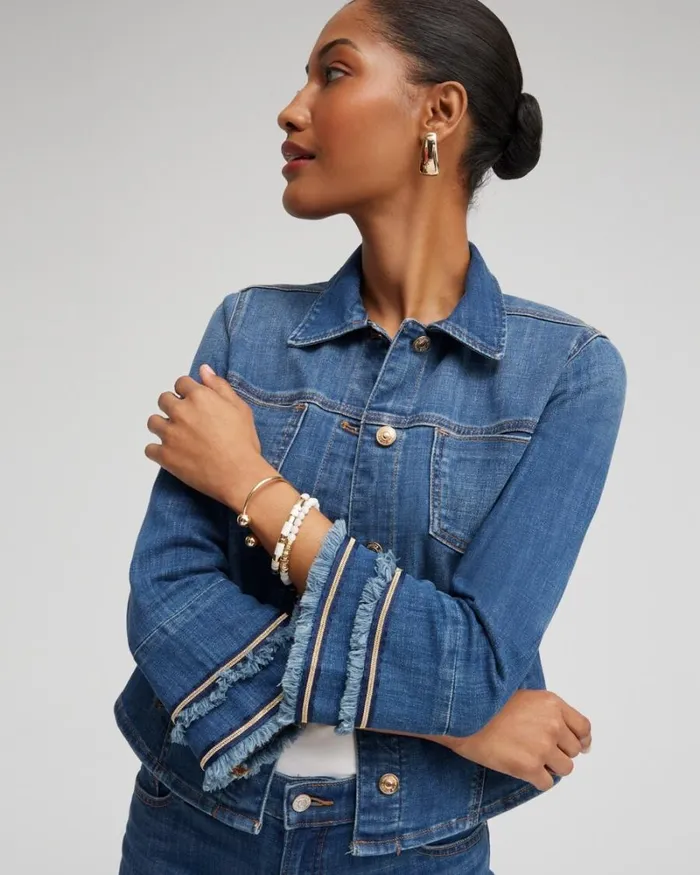 Chico039s Jackets and Coats Double Fray Denim Jacket Blue Springs Indigo 8211 Clothing