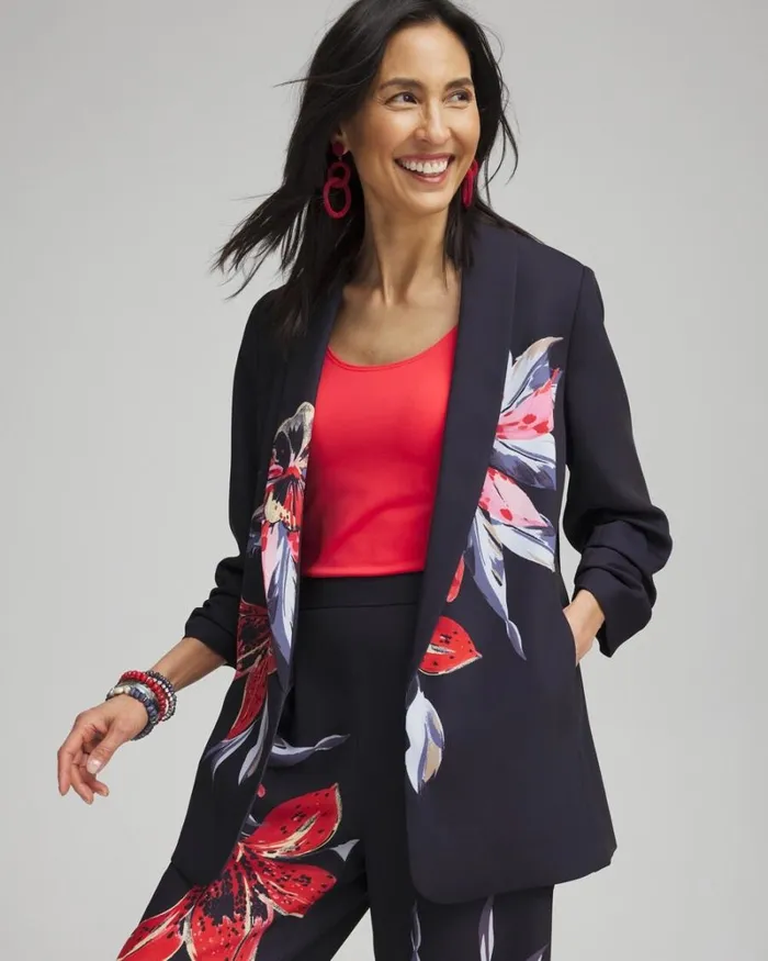 Chico039s Jackets and Coats Floral Ruched Sleeve Soft Jacket Classic Navy 8211 Clothing