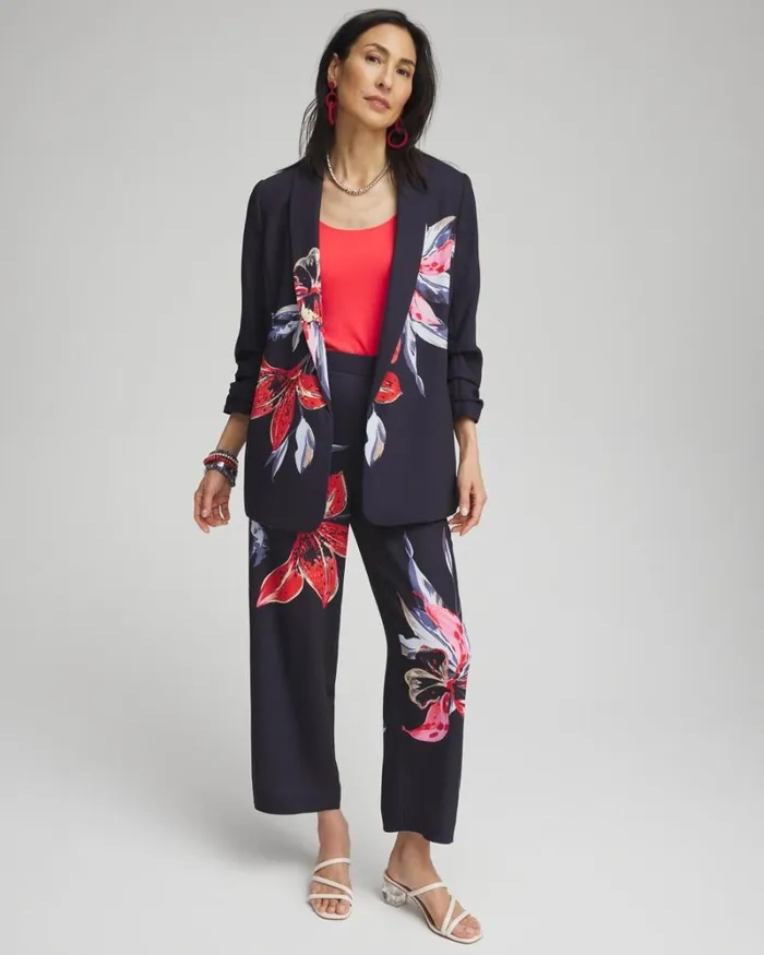 Chico039s Jackets and Coats Floral Ruched Sleeve Soft Jacket Classic Navy 8211 Clothing