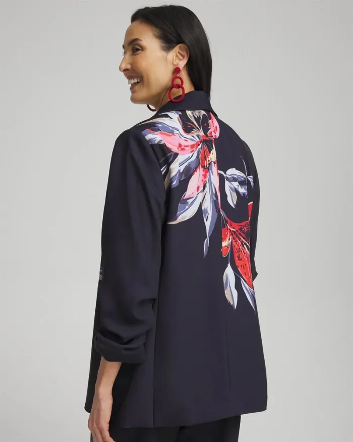 Chico039s Jackets and Coats Floral Ruched Sleeve Soft Jacket Classic Navy 8211 Clothing