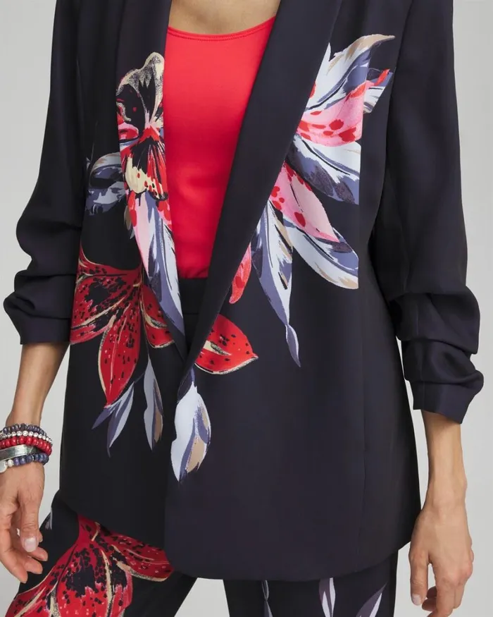 Chico039s Jackets and Coats Floral Ruched Sleeve Soft Jacket Classic Navy 8211 Clothing